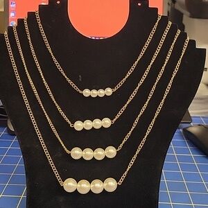 Gold Tone 4 Strand Necklace Pendant Graduated Pearl Faux Beads
